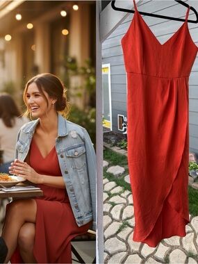 CMI 2005 Rust Orange Faux Wrap Midi Dress Size 6